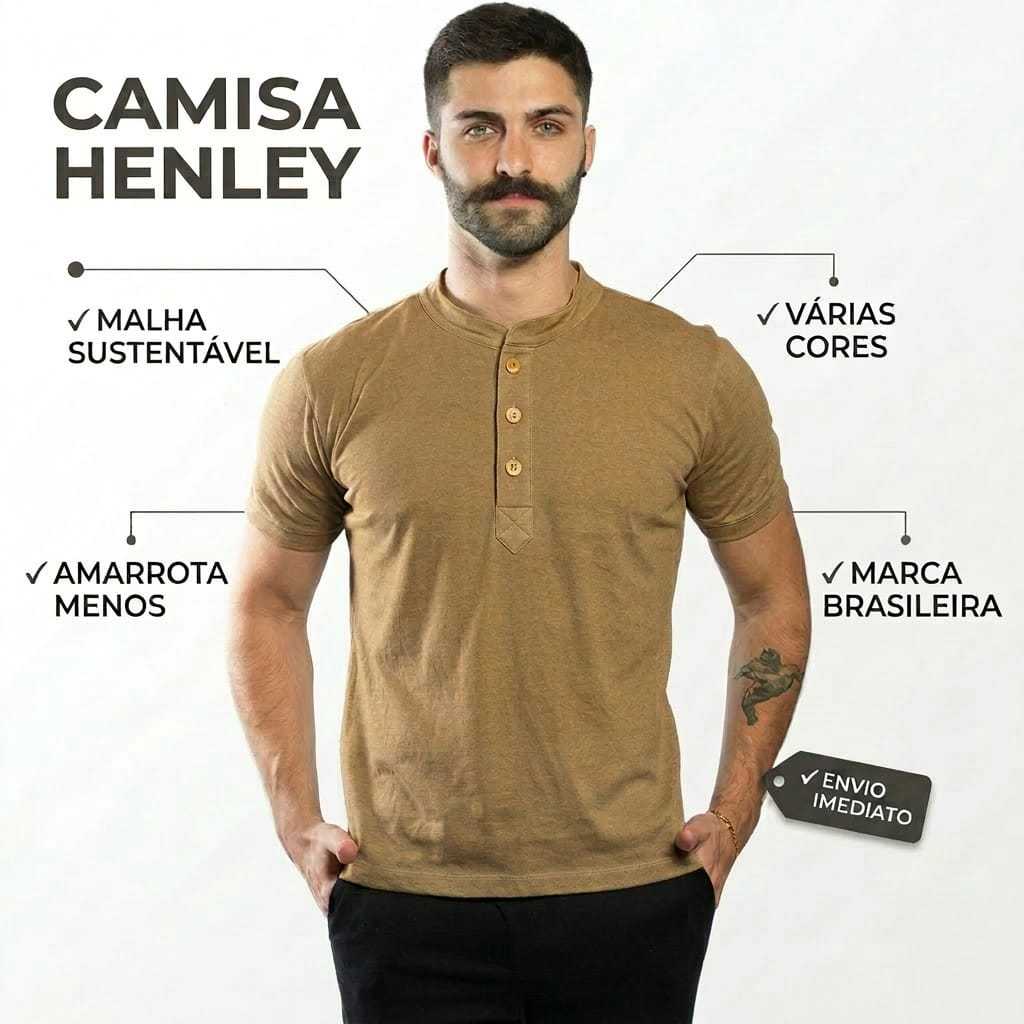 Camisa Masculina Gola Padre Henley de Manga Curta