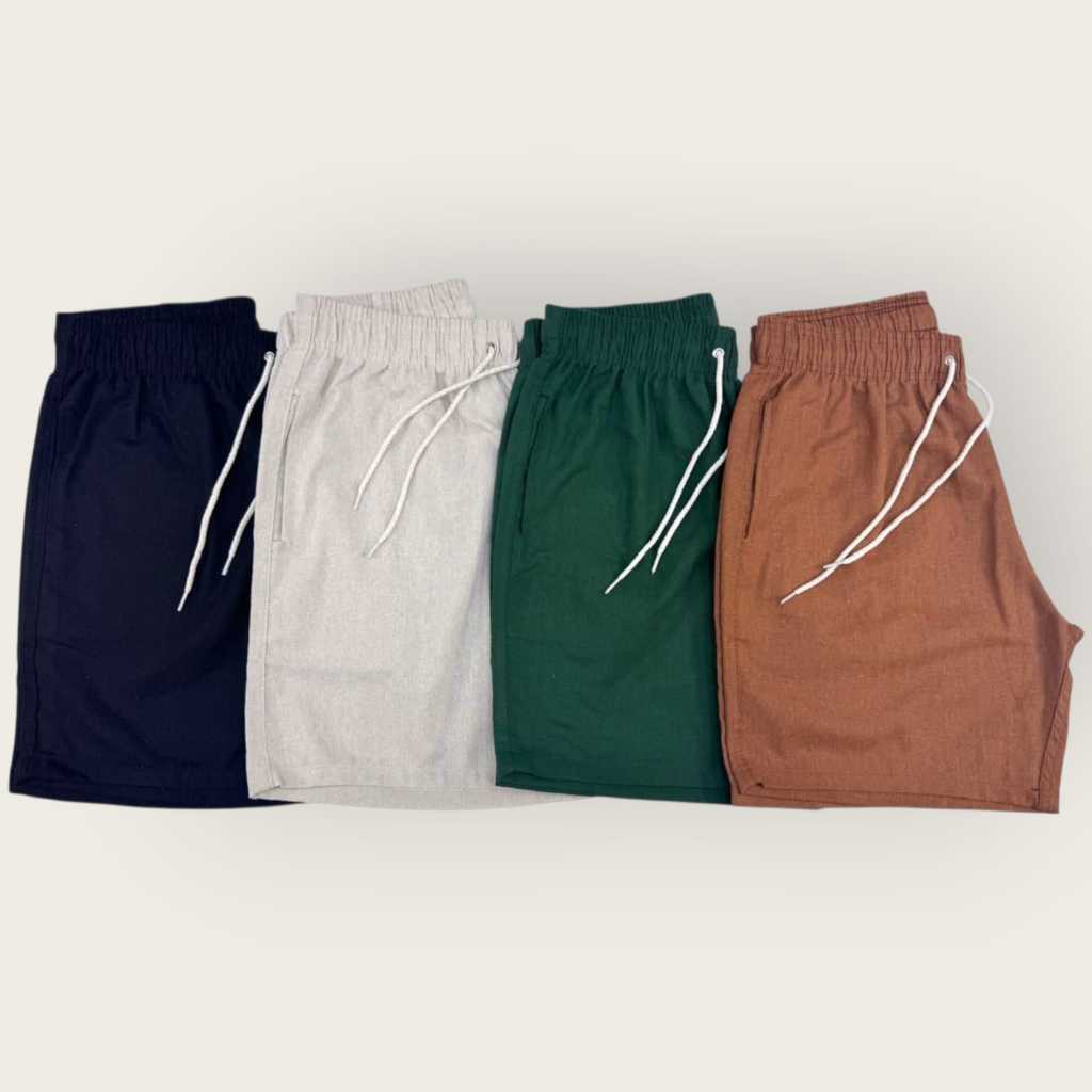 Kit 4 Short De Linho Premium Bermuda Masculino Casual Basico Cores Especificos ( Branco, Preto, Verde Militar + COLORIDO