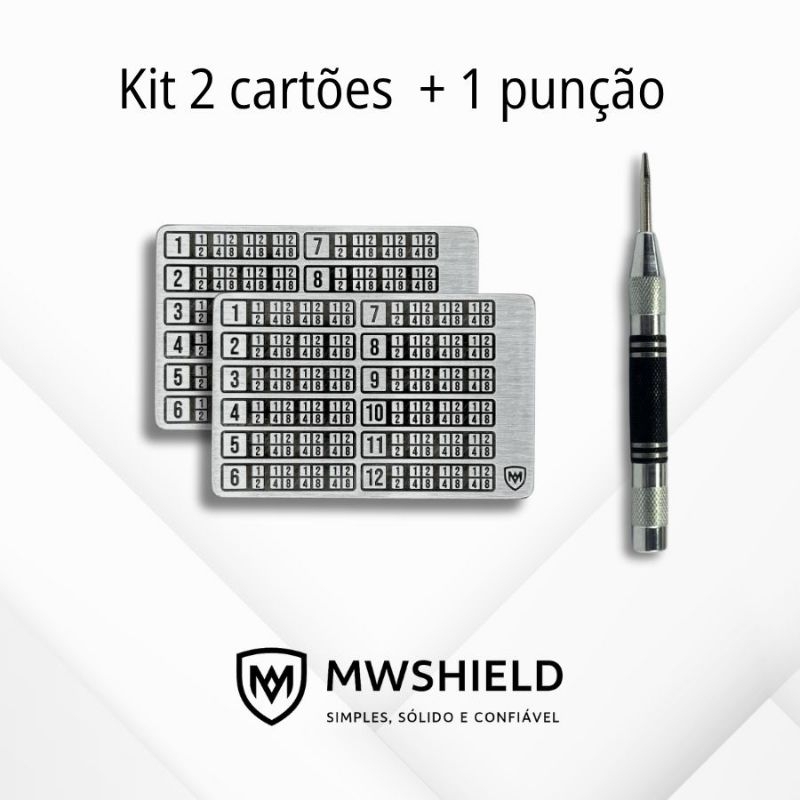 Carteira de Metal Bitcoin BIP 39 | Kit 2 cartões + punção | Cold Wallet p/ Seed Phrase | Cartão aço inox 12 palavras