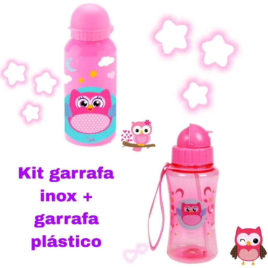 Kit Garrafa Alumínio Squeeze Inox Infantil E Garrafinha De Agua Infantil Garrafa Com Canudo Retratil De Silicone Coruja