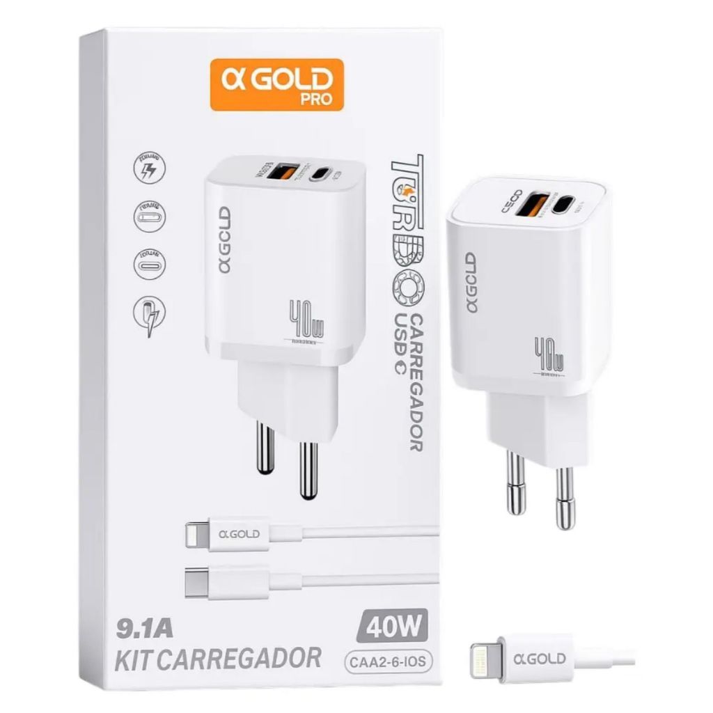 Kit Carregador Iphone Turbo 40w 9.1 Gold Tipo-c/lightning - ca42-2/ios