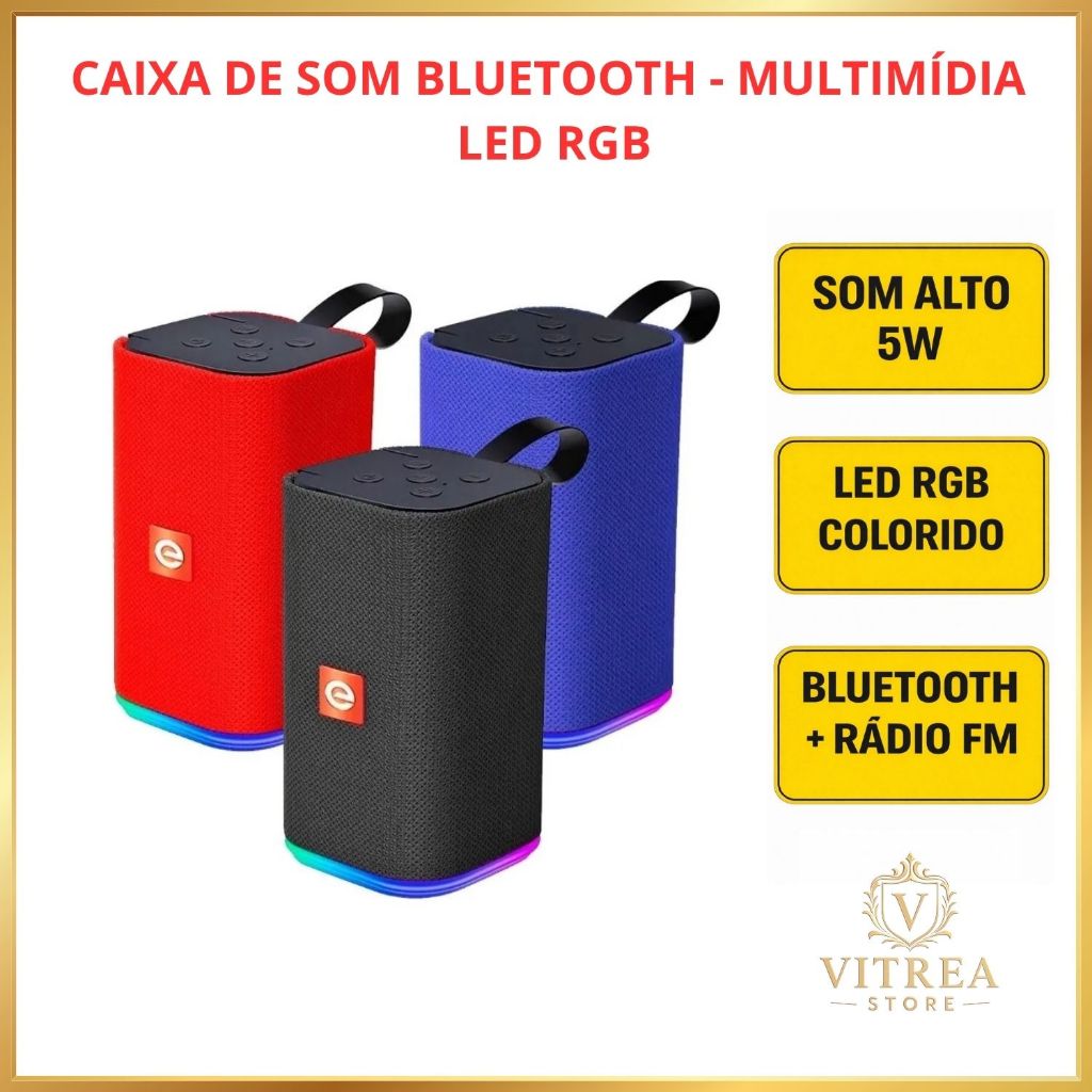 Caixa de Som Bluetooth 5.0 Portátil RGB LED 5W | Rádio FM, USB, Micro SD e Aux | Som Alto Compacto