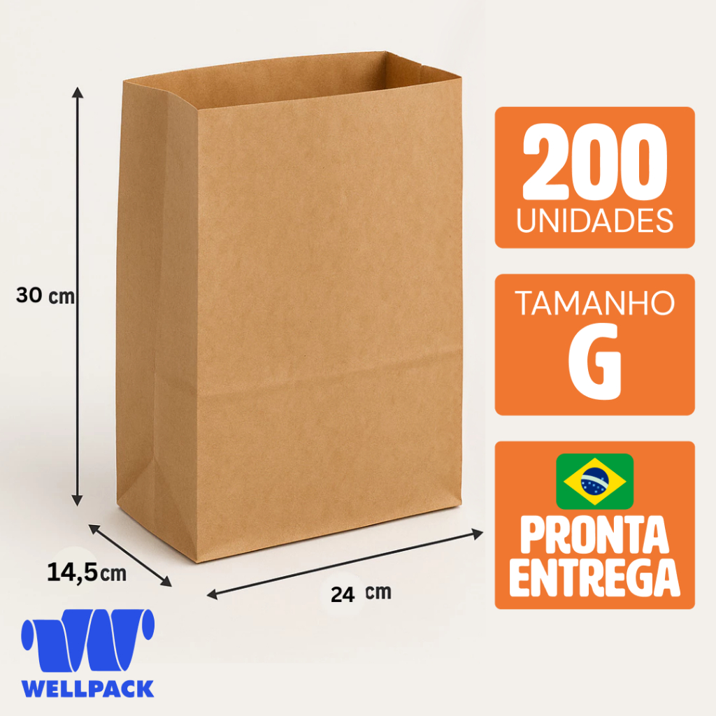 200 Saco de papel kraft medida G delivery comida hamburgueria