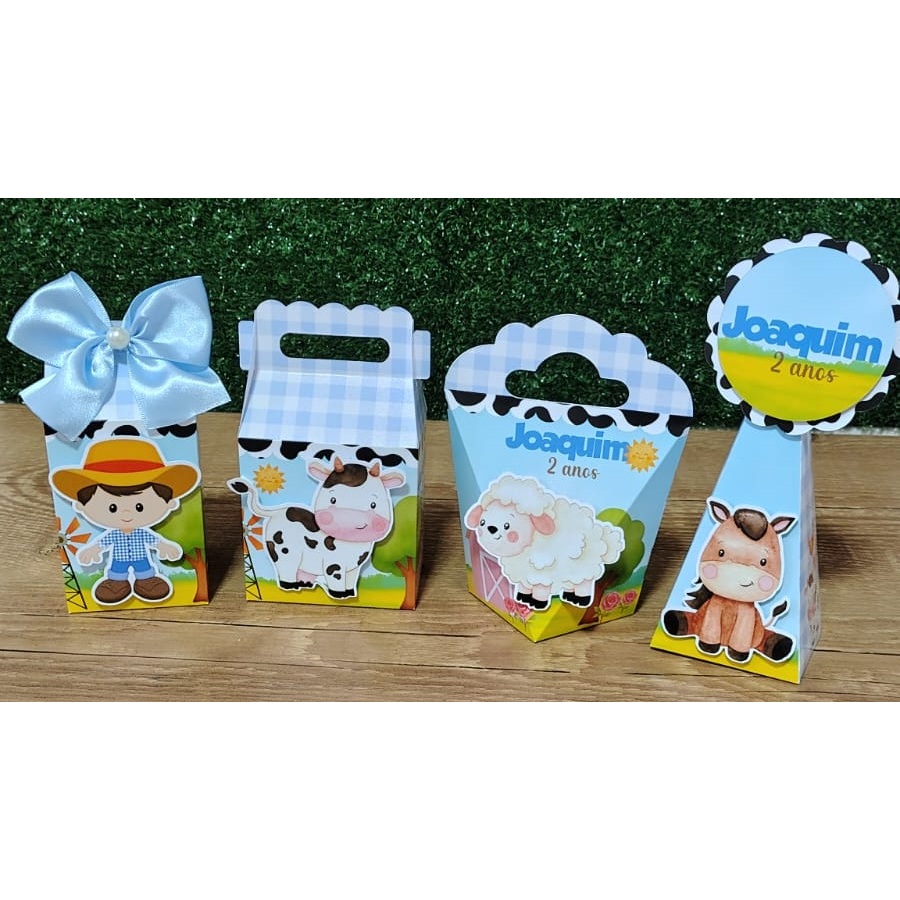 Kit Festa Personalizados FAZENDINHA - MENINO - Caixinhas para Lembrancinhas Aniversário - PAPEL FOTOGRÁFICO