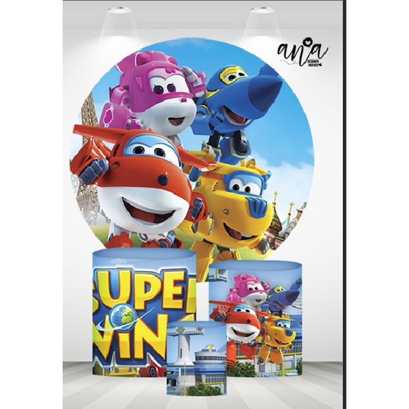 PAINEL DE FESTA COM 4 PEÇAS EM TECIDO SUBLIMADO      SUPER  WINGS