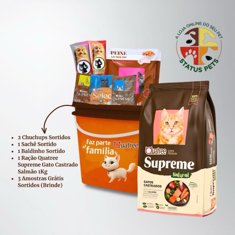 KIT Premium Quatree Supreme Gatos Castrados Sabor Salmão + Petiscos + Balde Brinde