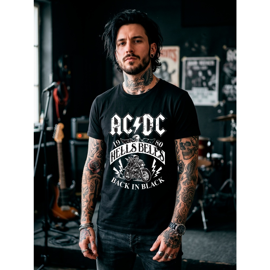 Camiseta AC-DC Masculino Rock Clássico Unissex Preta Estampada Banda Hells Bells Algodão