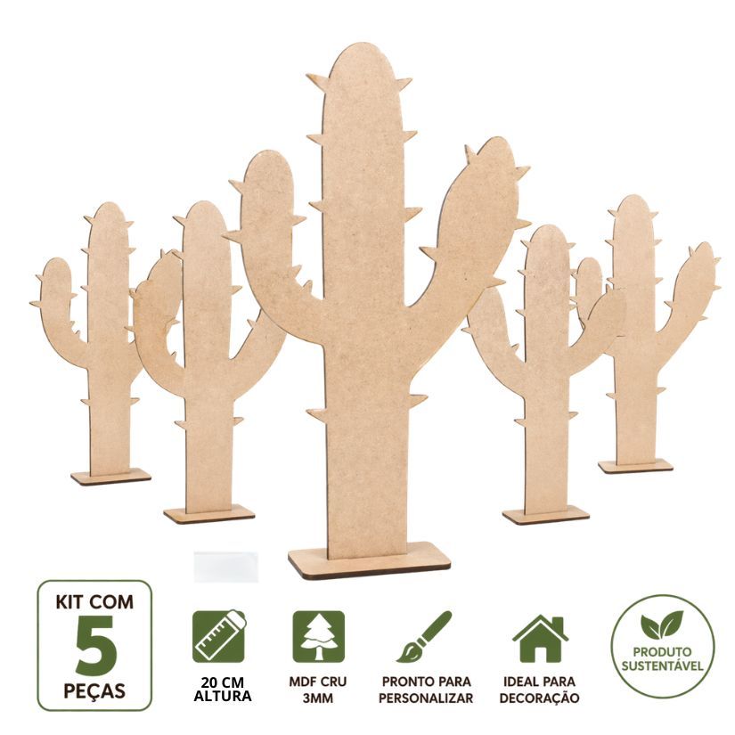 Kit 5 Cactos MDF Cru 20cm Decoração Festa Mexicana Fazendinha Painel Mesa Enfeite MDF 3mm