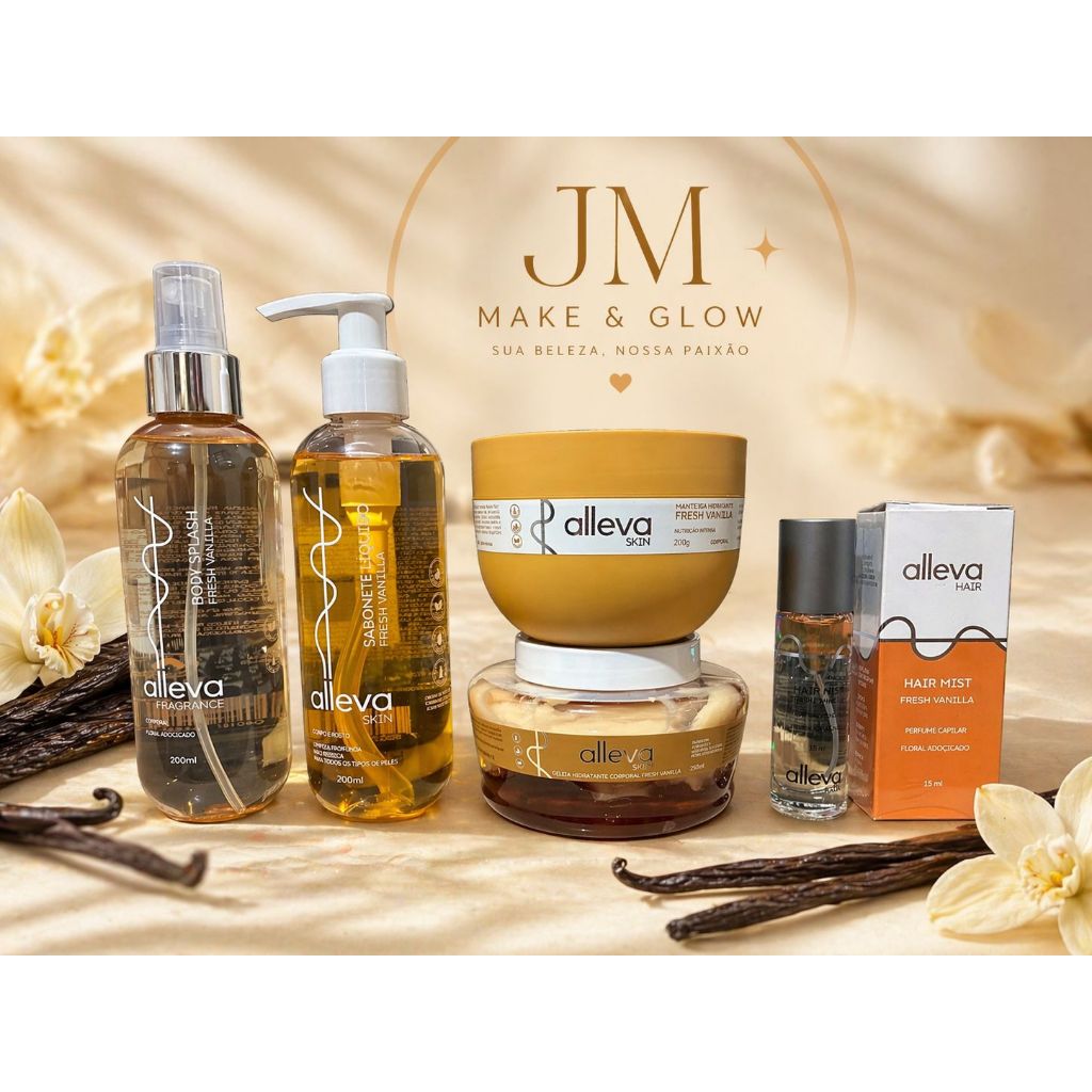 Kit Banho Premium Alleva – Manteiga  + perfume capilar + Geleia + Sabonete Líquido + Body Splash