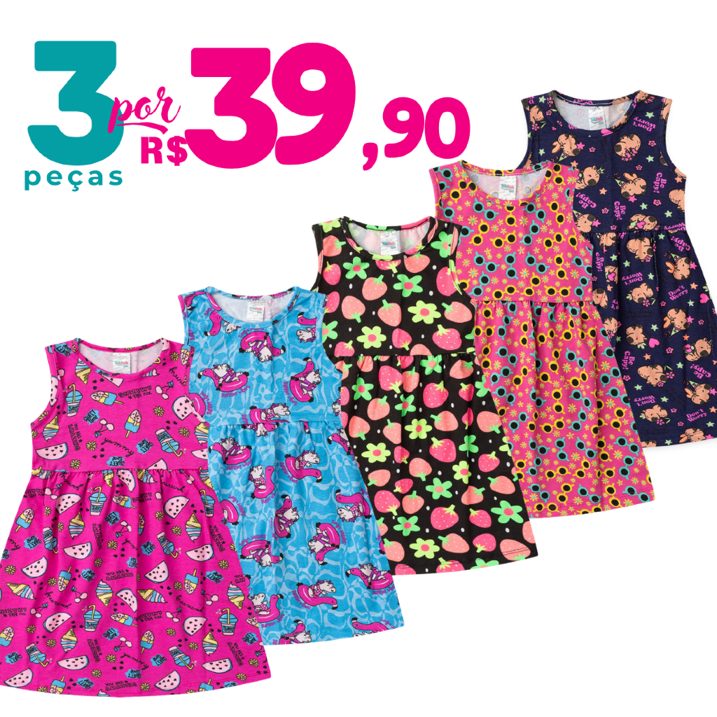 Vestido Infantil De Cotton Kit 3 Peças Sortidas