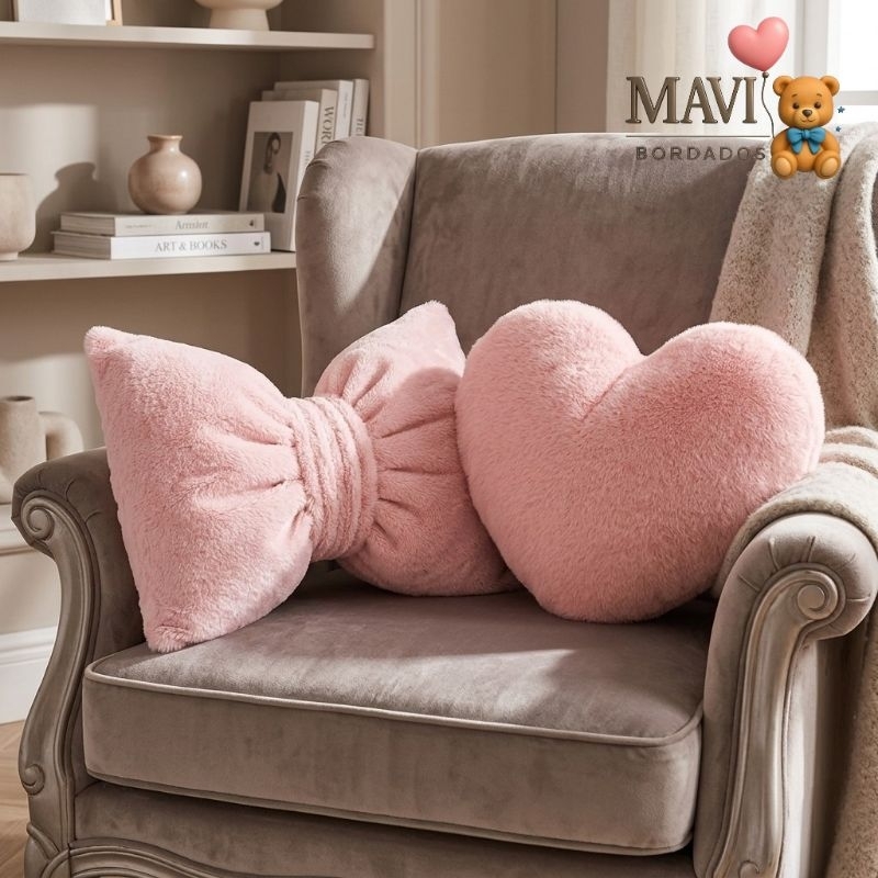 kit 2 Almofadas Decorativa Laço + Coração Rosa