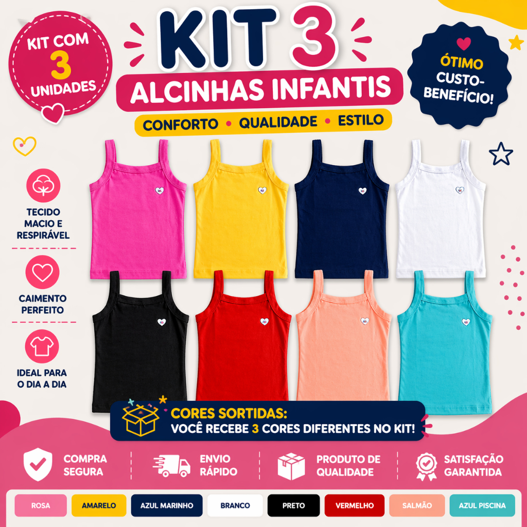 Kit 3 Blusas infantil/juvenil de alça menina