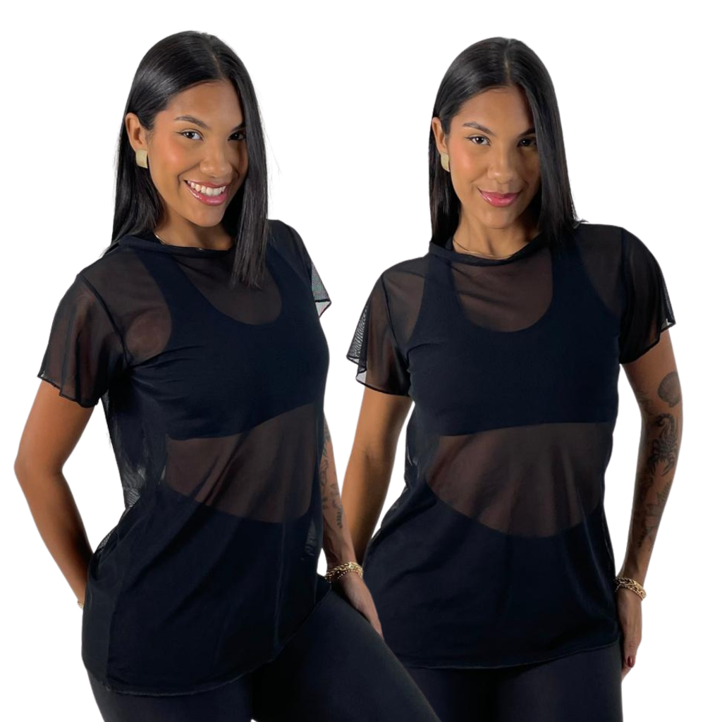 Blusa Feminina de Tule Camiseta Transparente Academia Moda Fitness Manga Curta Tule Premium