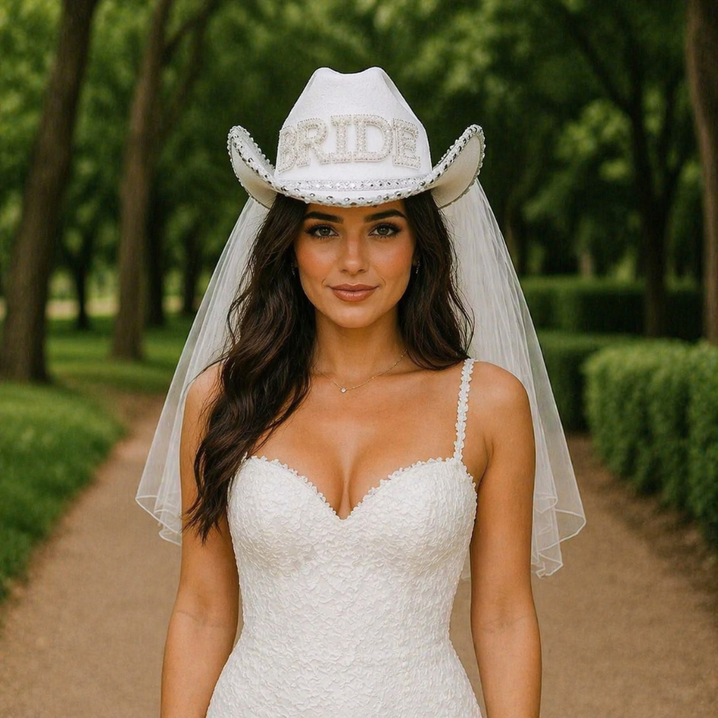 Chapéu Bride com Véu Strass Pérolas Cowgirl Last Rodeo Noiva Despedida de Solteira Chá de Lingerie