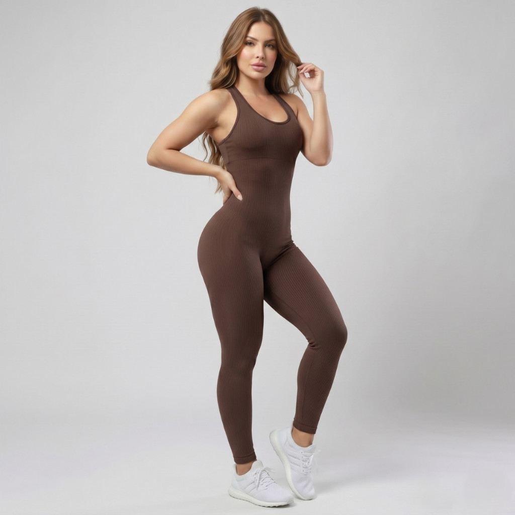 Macacão Fitness Seamless Canelado Feminino Modelador com Bojo Removível Zero Transparência Academia