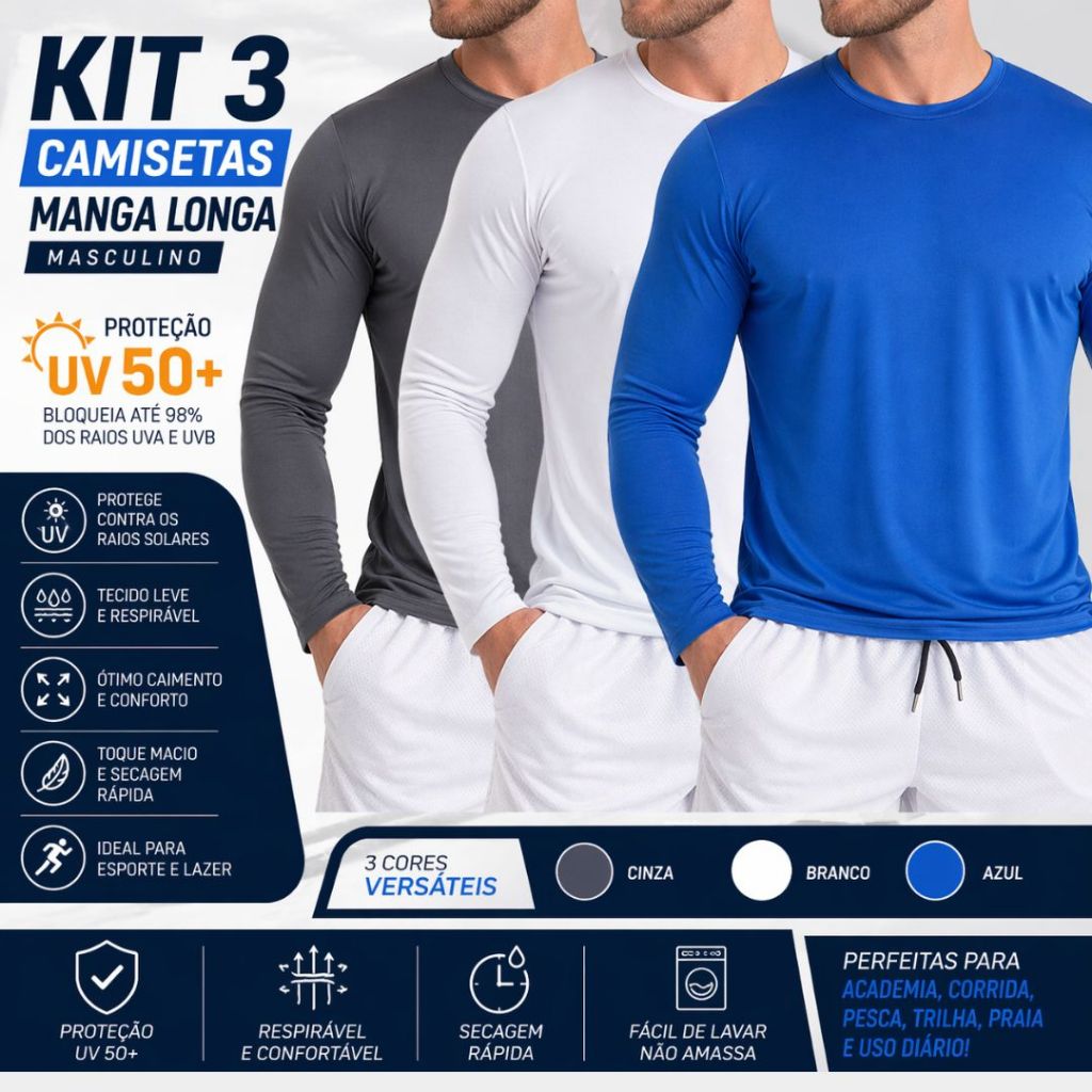 Kit 3 Blusas Térmicas Masculina UV50+ Segunda Pele Manga Longa Fitness Treino Academia Corrida
