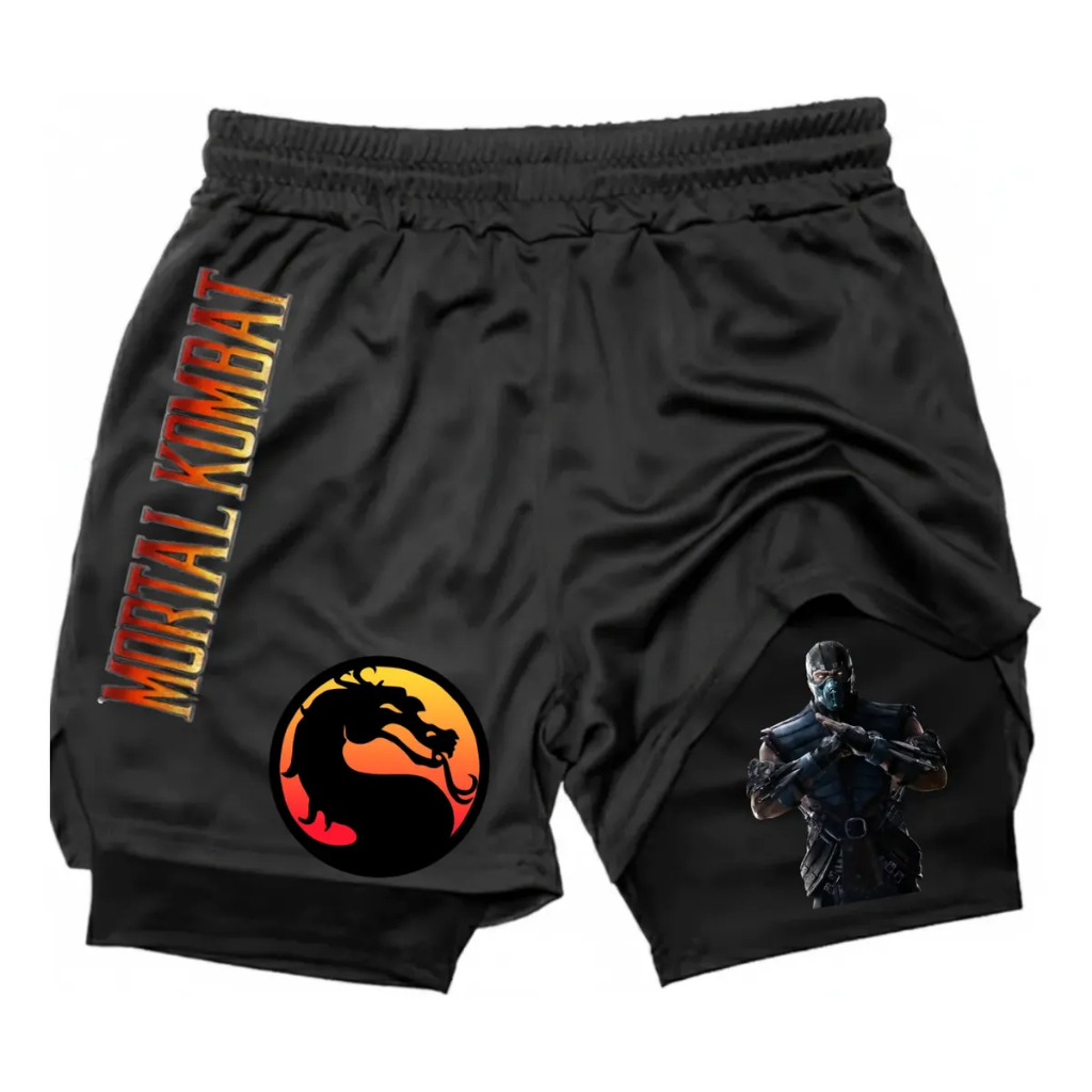 Short Compressão Bermuda 2 em 1 com Bolso Mortal Kombat Liu kang Raiden Scorpion Kitana Sub-Zero