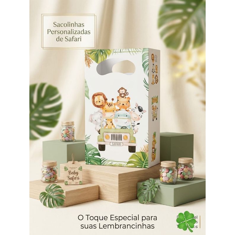30 Sacolinhas Personalizadas tema Safari surpresa para lembrancinhas festas temáticas Pegue e monte Personalizada