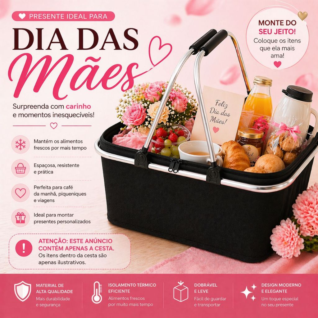 Cesta Térmica 30 Litros Bolsa Piquenique Dobrável Cooler Praia Lanche Camping Presente Dia das Mães
