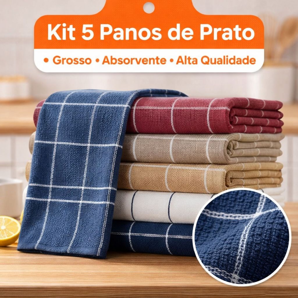 Kit 5 Panos de Prato Atoalhado xadrez Premium Cores Modernas Super Absorvente 45x65