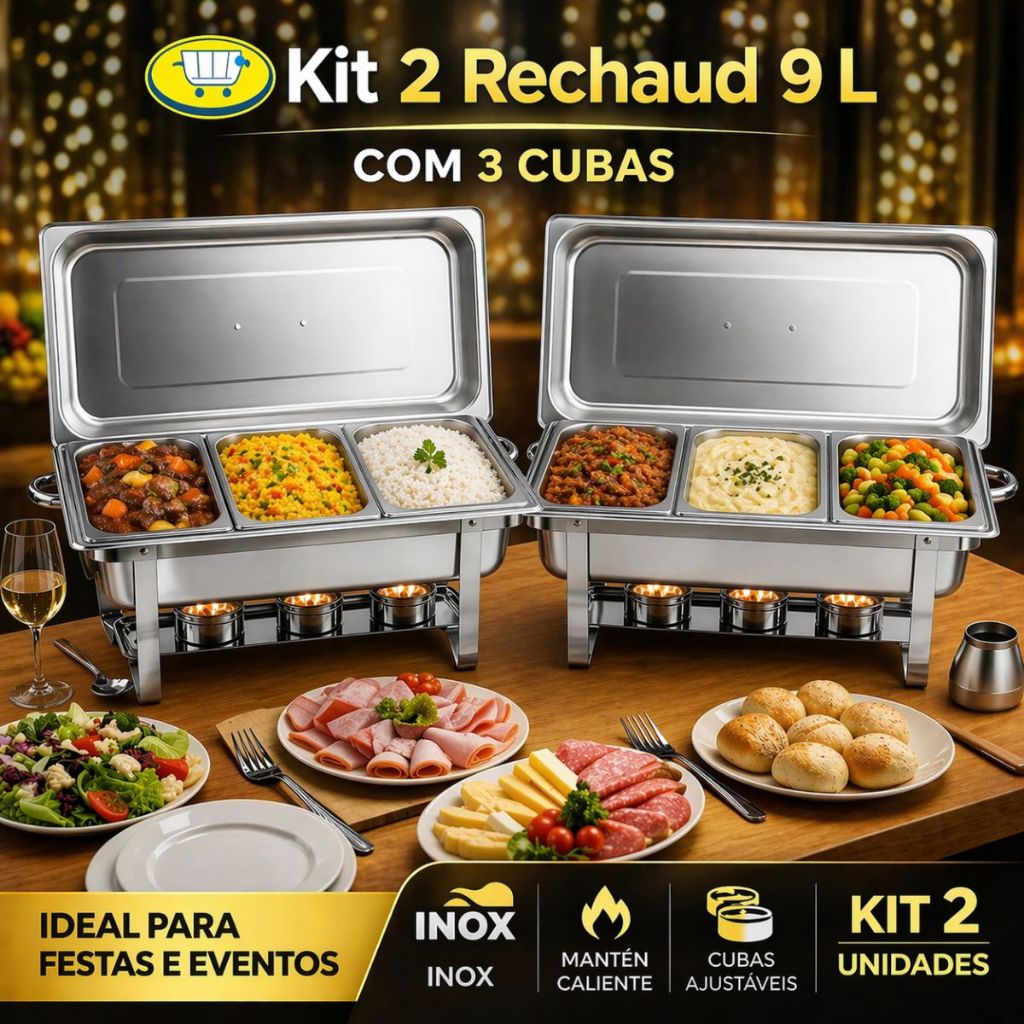 Kit 2 Rechaud Retangular 9L com 3 Cubas Profissional Banho Maria Buffet Gourmet  Fogareiro Aço Inox