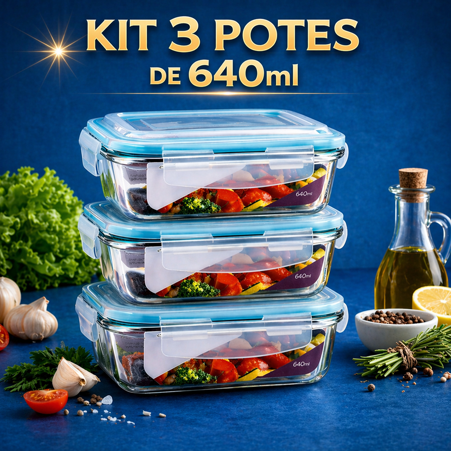 Conjunto 3 Potes 640ml Vidro Hermético Marmita Mantimentos Tampa