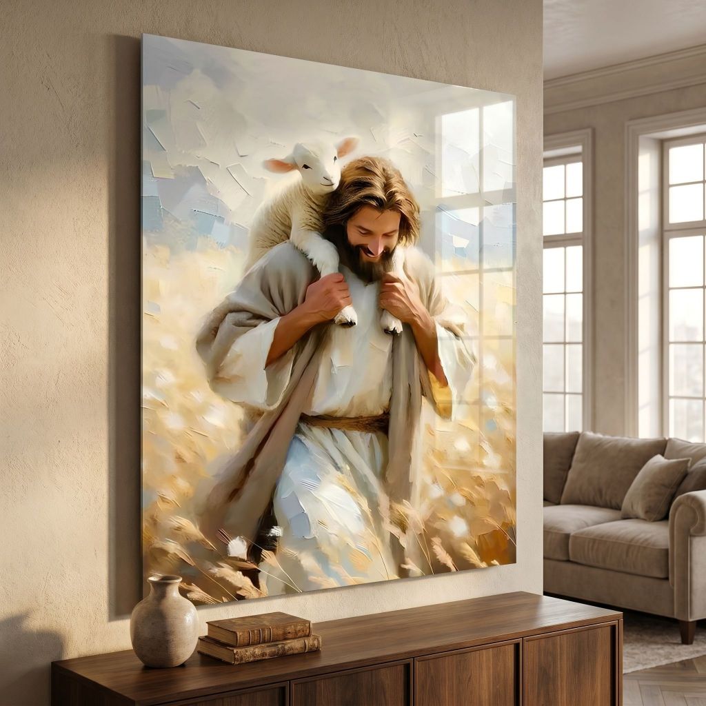 Quadro Decorativo 70x90cm Jesus Cristo Cordeirinho Decoração de Parede Hall Luxo Sala Quarto MDF