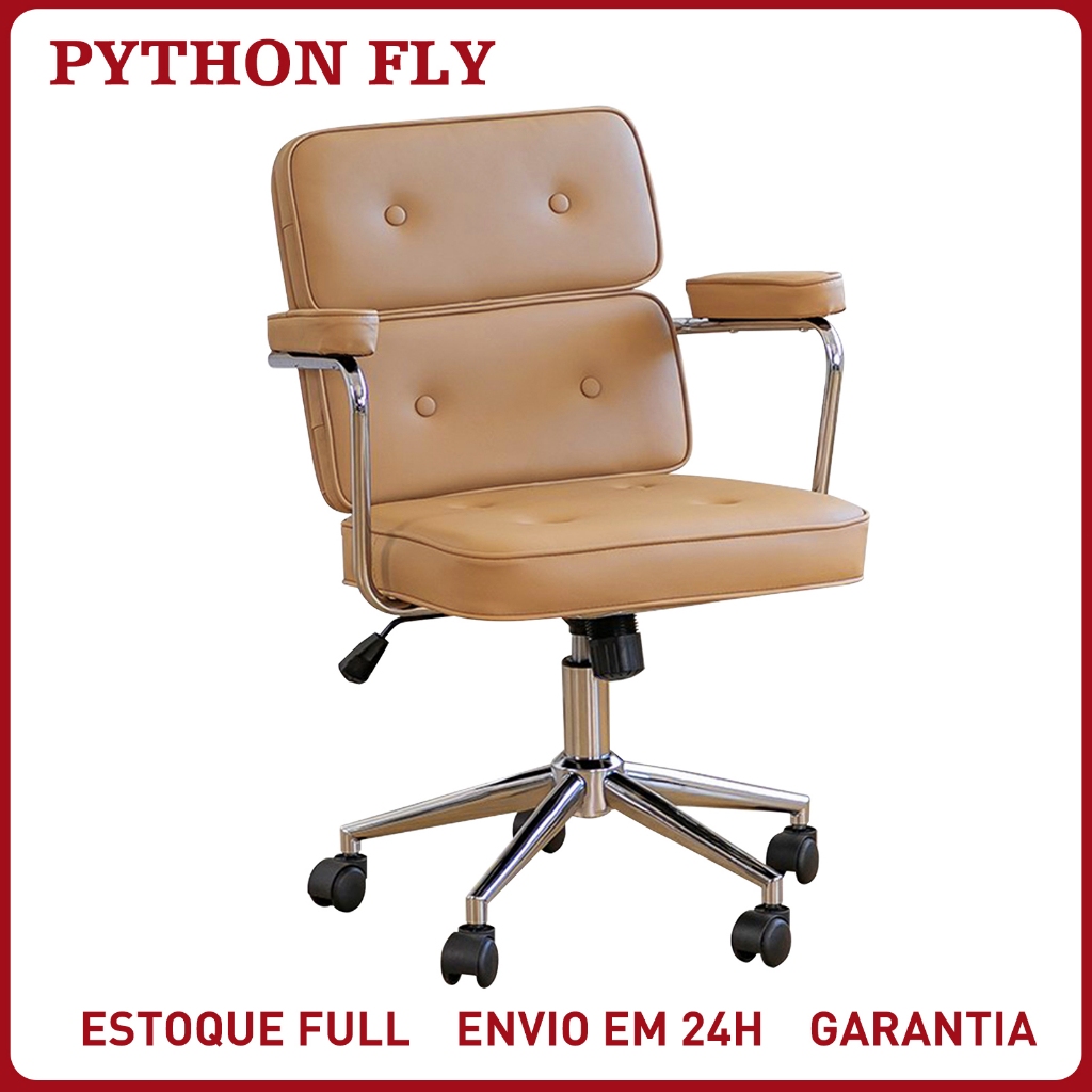 Cadeira de Escritório Giratória Ergonômica com Apoio Lombar — Couro Marrom, 360°, Altura Ajustável, Compacta