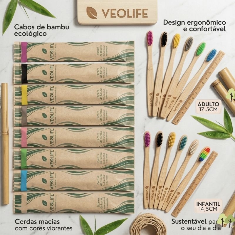 Escova de Dentes Bambu VeoLife (Kit) | Adulto/Infantil | Sustentável, Cerdas Macias | Postagem Imediata