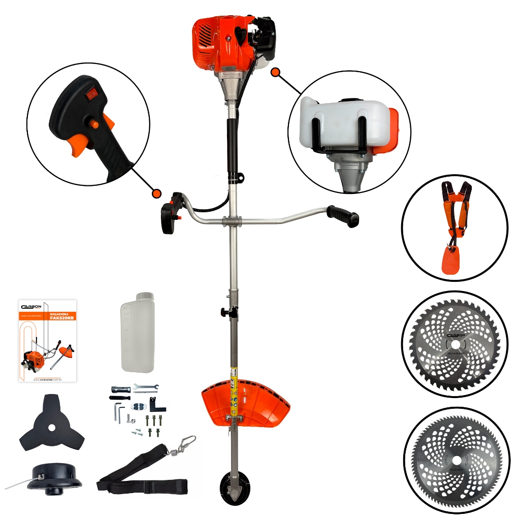 Roçadeira a Gasolina 52cc 2,5HP com Enxada Capinadeira e Ponteira Motopoda Galhos Carbon Fak