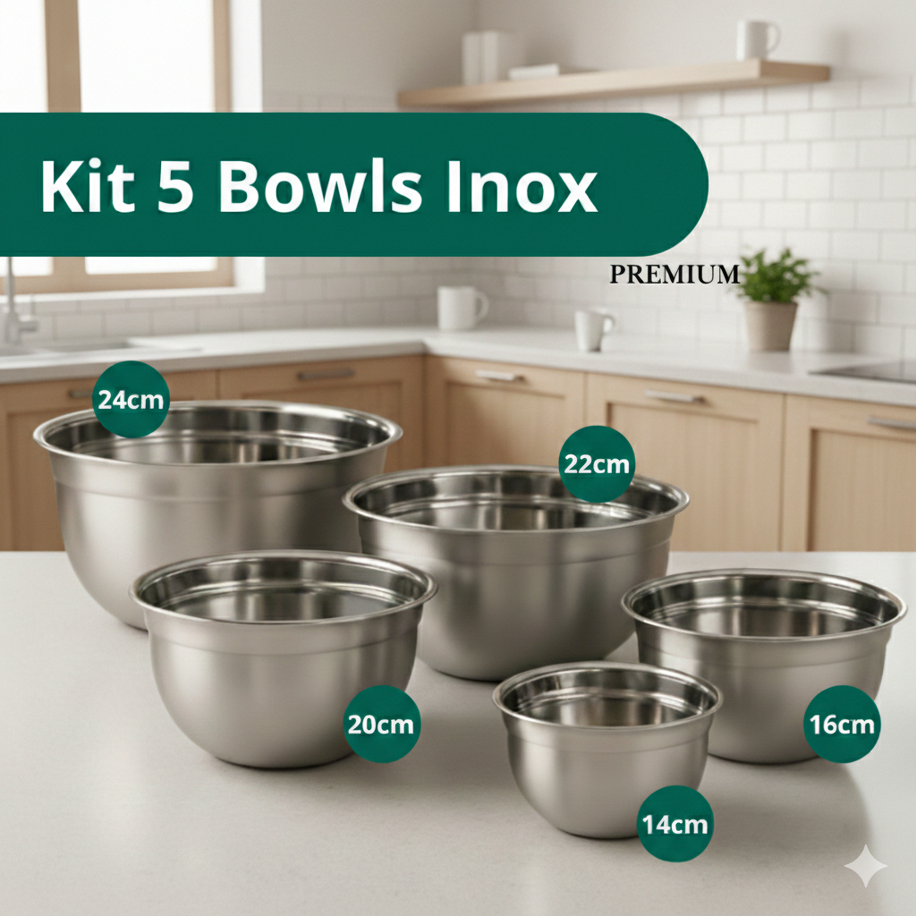 Conjunto Bowl Inox Kit Peças Tigela Inox Empilhável 14cm 16cm 20cm 22cm 24cm Gamela Bacia Cozinha