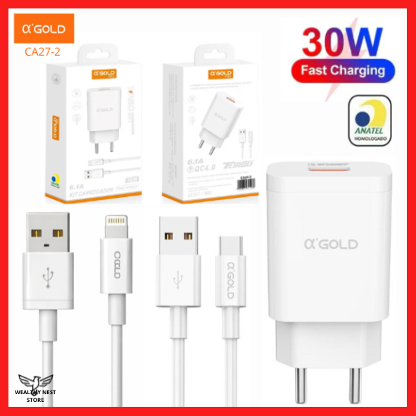 Kit Carregador Fonte + Cabo 30W USB Para Tipo-C/USB Para Lightning iPhone Turbo 6.1A