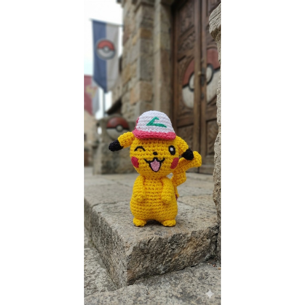 Amigurumi Pikachu Chaveiro Boneco de Crochê Pokémon Feito à Mão Boné Ash