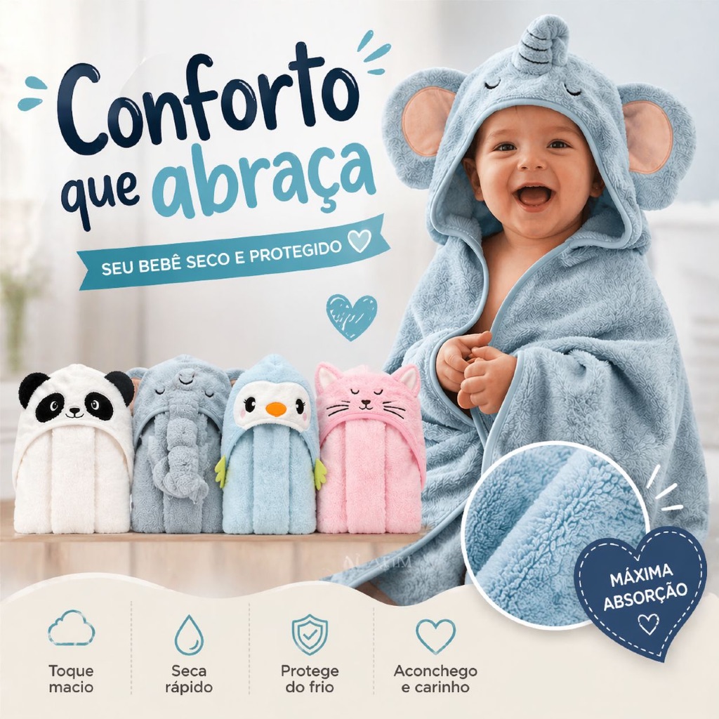 Toalha De Banho Infantil Com Capuz Felpuda Infantil Bebê Criança Bichinhos Grande Toalha Bebê
