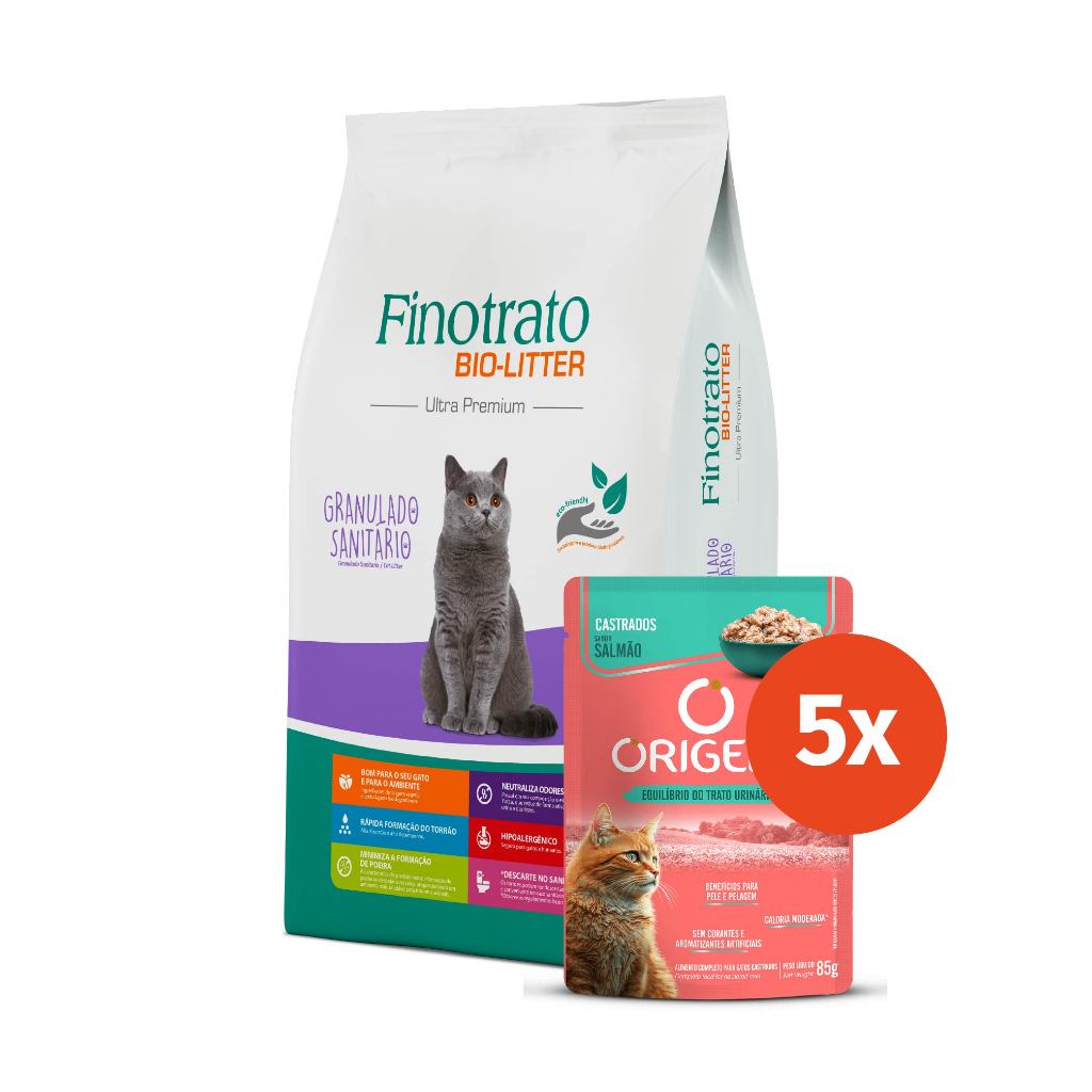 Kit Finotrato Bio-litter Granulado Sanitário 10kg + 5 Sachês Origens Gatos Castrados Sabor Salmão 85g