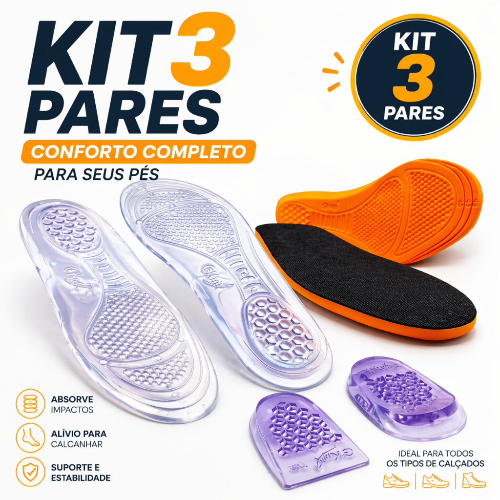 Kit 3 Pares de Palmilha Ortopédicas Conforto Gel Anti Impacto Esporão Calcâneo Fascite Plantar