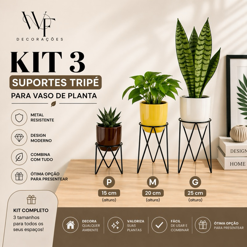 Kit 3 Suportes Tripé para Vaso de Planta Aramado Preto – Decorativo Moderno (P, M e G)