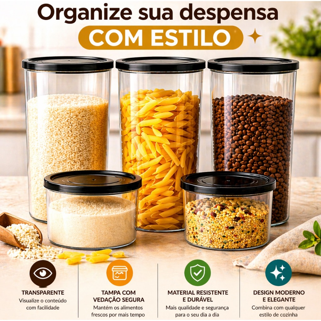 Kit 5 Porta mantimentos transparente Plástico conjunto organizador com tampa BPA FREE