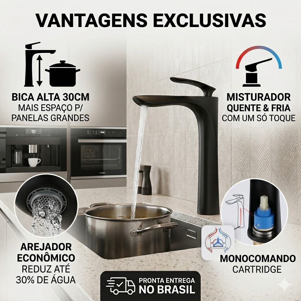 Louis Torneira Monocomando Banheiro Bica Alta 30cm Prata e Preto