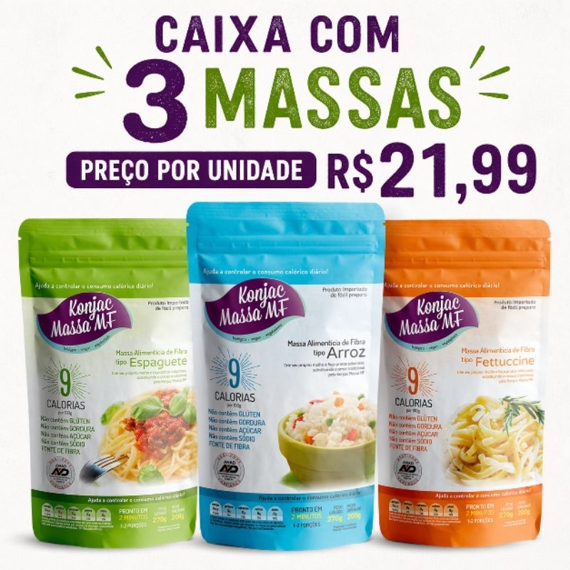 Kit 3 Massas Konjac 270g-Macarrão Zero Açúcar-Massa Sem glúten