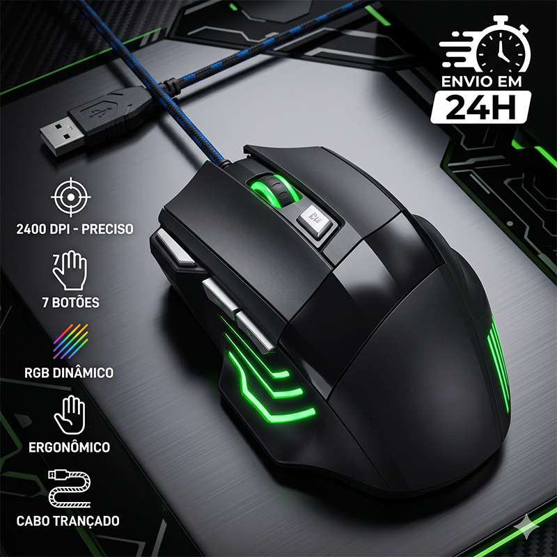 Mouse Gamer 2400 DPI com LED RGB – 7 Botões, Design Ergonômico, Cabo Revestido de Nylon 1,5m