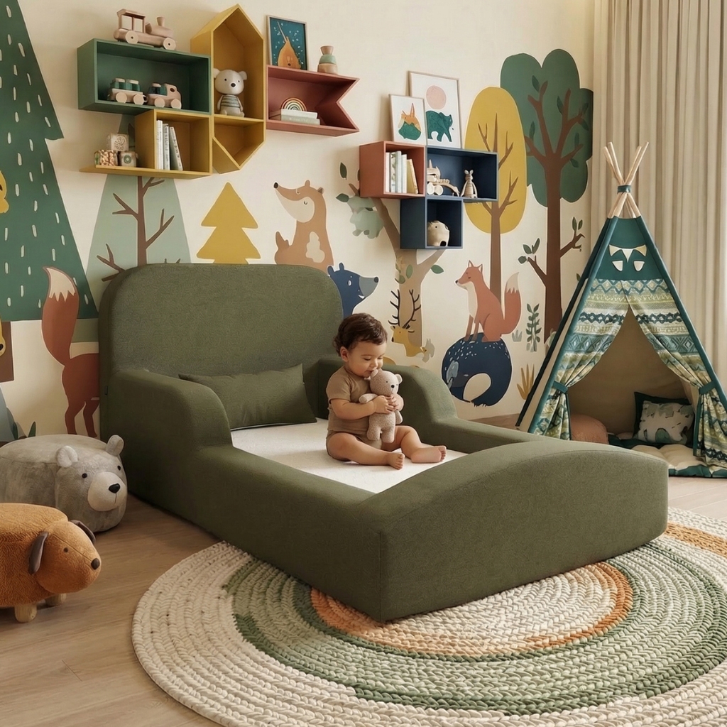 Cama Montessoriana Berço Encanto 100% Espuma Verde Militar Keiko