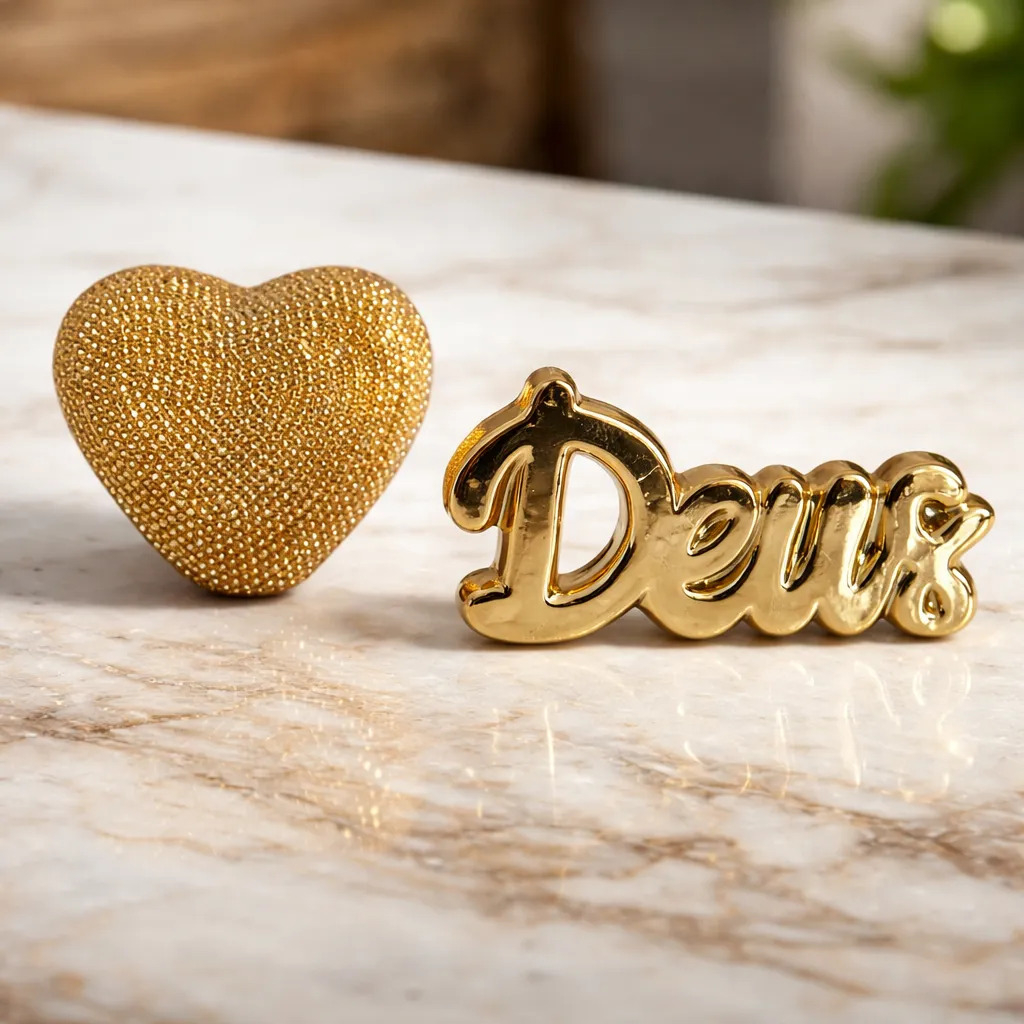 Conjunto Decoração Luxo Palavra Decorativa Deus Adorno Decorativo Coração metalizado Bandeja Espelhada