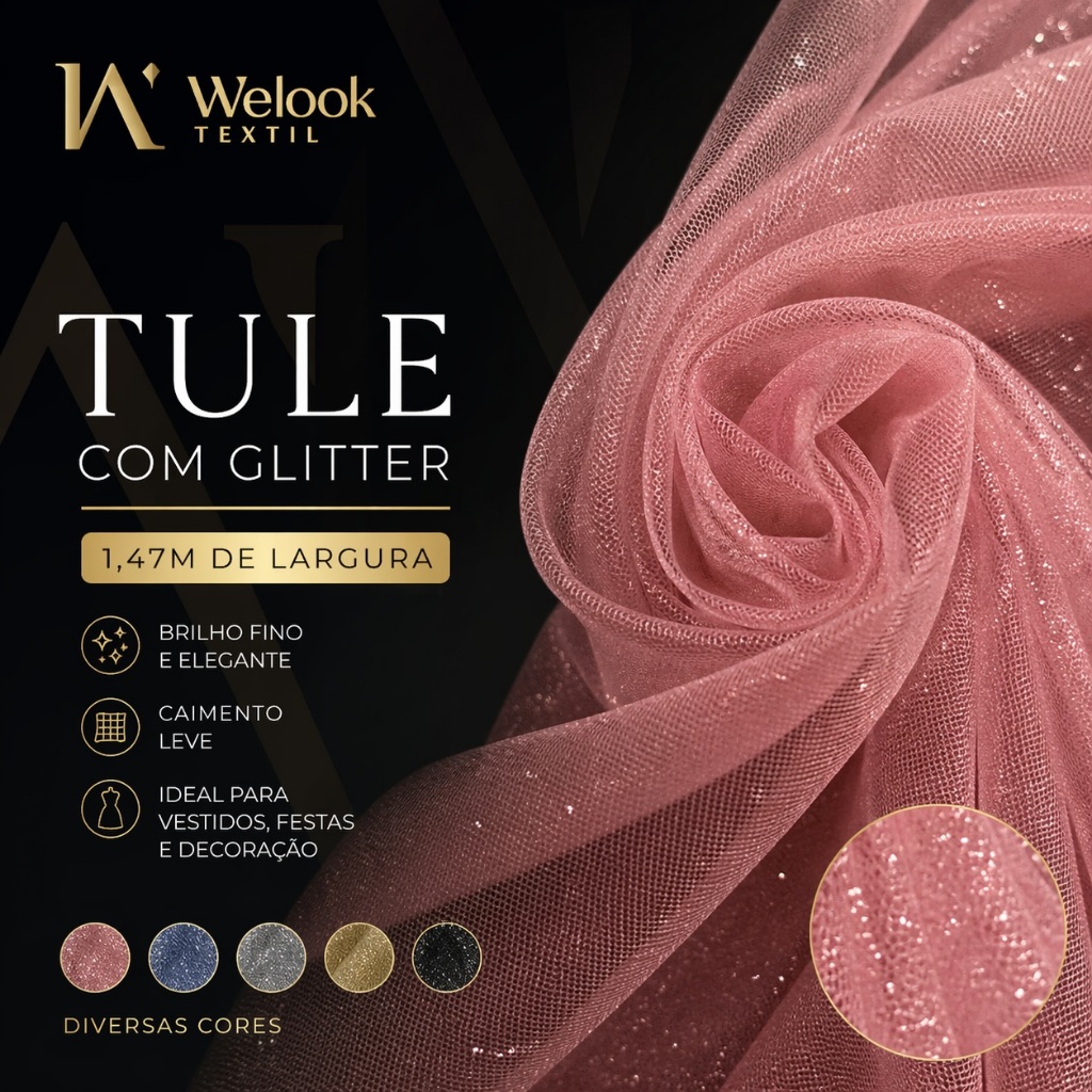 Tecido Tule com Glitter 1,47m Largura Brilho Fino Para Vestidos e Decoração