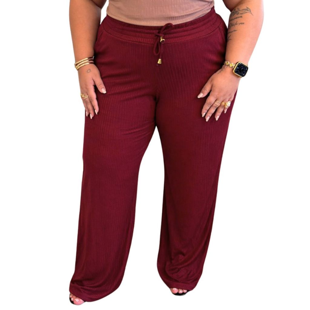 Calça Pantalona Plus Size Canelada Cintura Alta Não Marca Super Confortável Modela Corpo Oferta