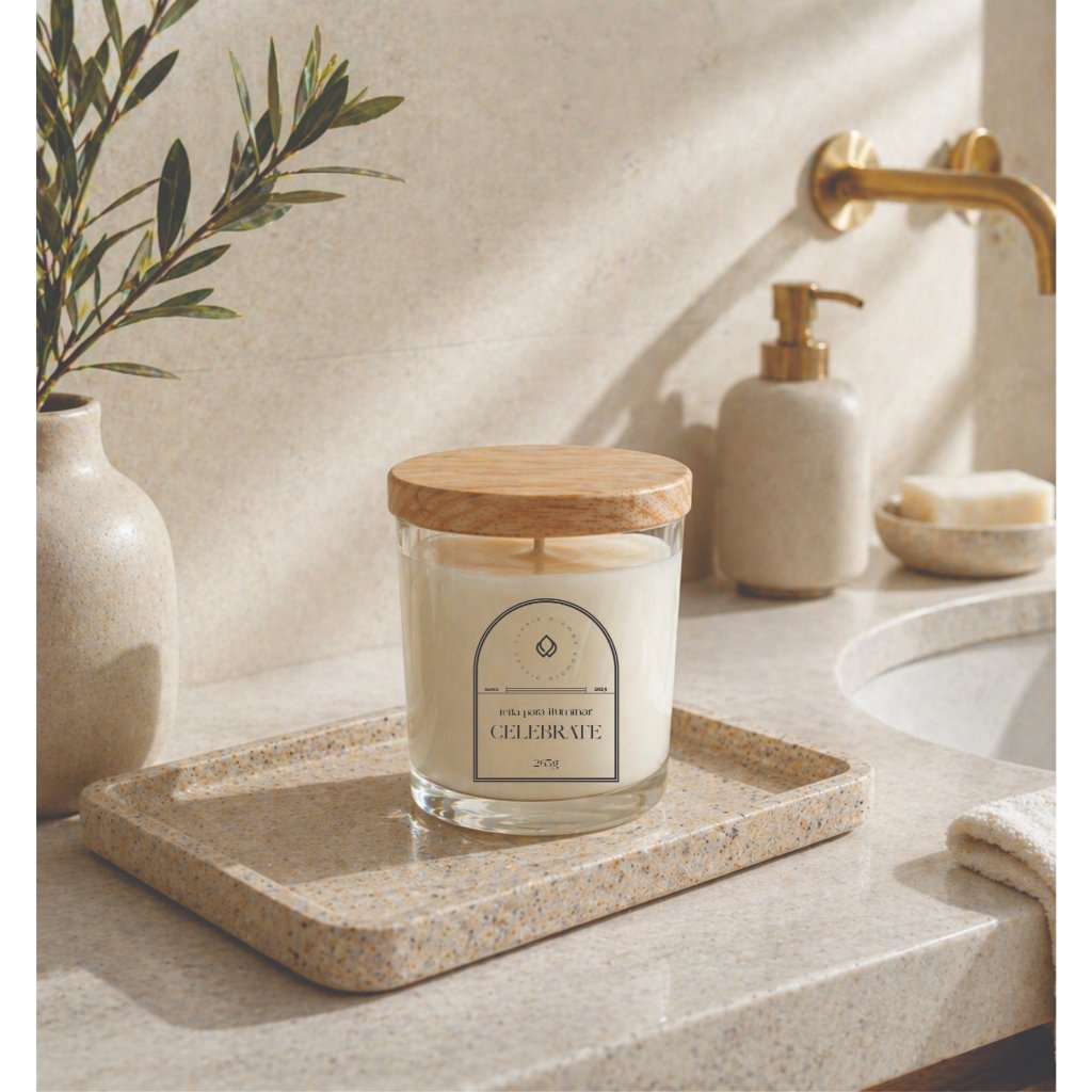 Vela Celebrate Aromática Decoração Clean Vidro com Tampa Madeira luxo 150g/265g