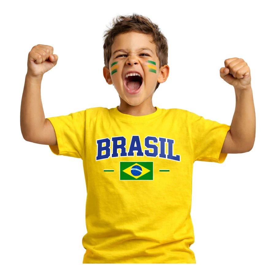 Camiseta Infantil do Brasil Copa do Mundo Unissex 100% Algodão para Crianças Blusa