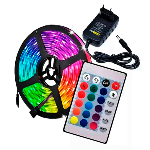 Kit 5 Fita LED RGB 5M 2835 54Leds/m IP44 Decoração 12V Com Fonte + Controle Remoto Apollo