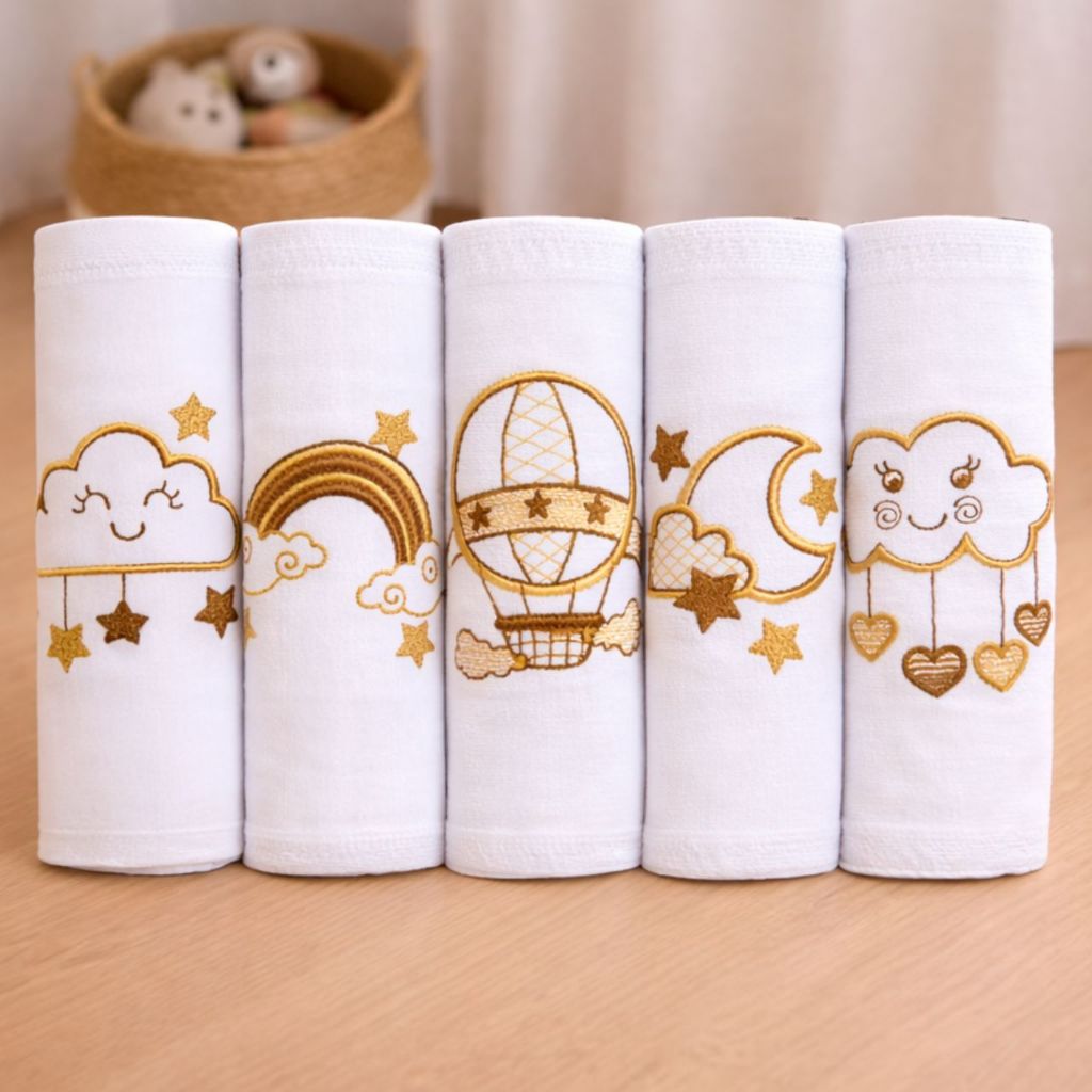 Kit 5 Fralda de Pano Bebê 100% Algodão Premium Toalha de Boca Duplo Bordada Menino e Menina