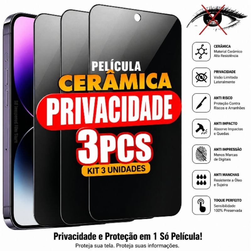 Kit 3 Película Privacidade Cerâmica Xiaomi Note 15 5G/ Note 15 4G / Note 15 Pro 4G / Note 15 Pro 5G / Note 15 Pro Plus